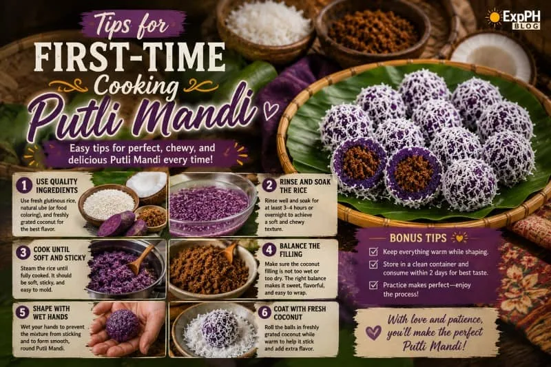 Traditional Putli Mandi ingredients and preparation tips displayed alongside freshly made purple glutinous rice balls coated with grated coconut, designed for first-time cooks.
