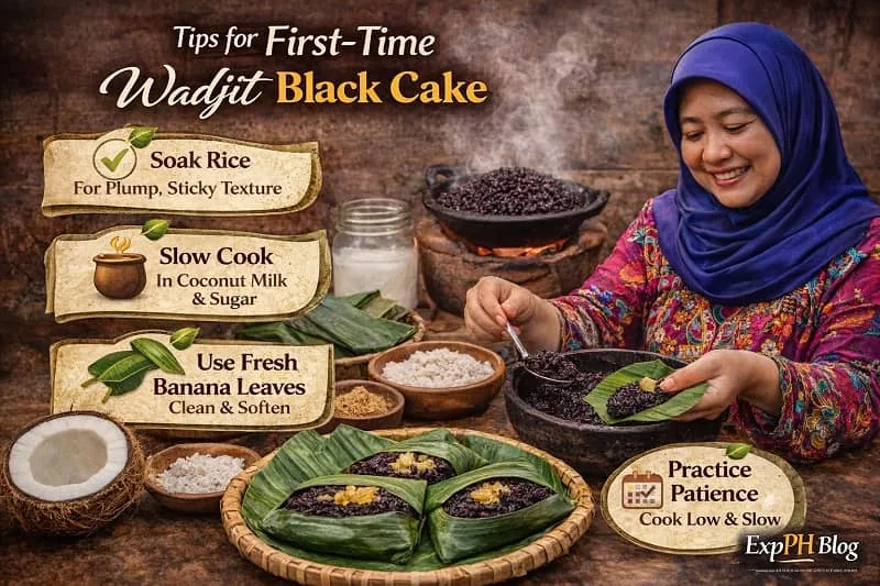 Filipino woman preparing Wadjit black rice cake in a traditional kitchen, showing step by step tips for first-time makers using banana leaves and coconut milk