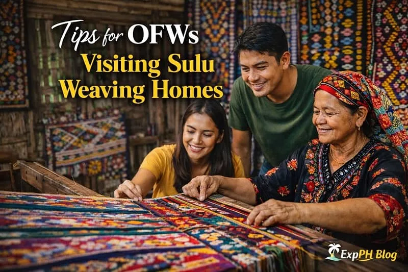 Overseas Filipino Workers visiting a Sulu weaving home while learning traditional weaving from a local Filipino artisan