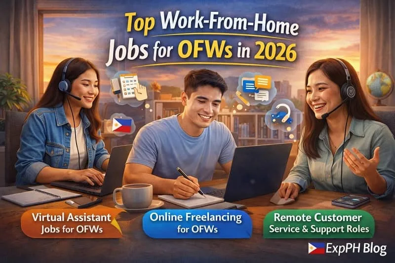Filipino OFWs working from home in virtual assistant, online freelancing, and remote customer service roles, representing top work from home jobs for OFWs in 2026