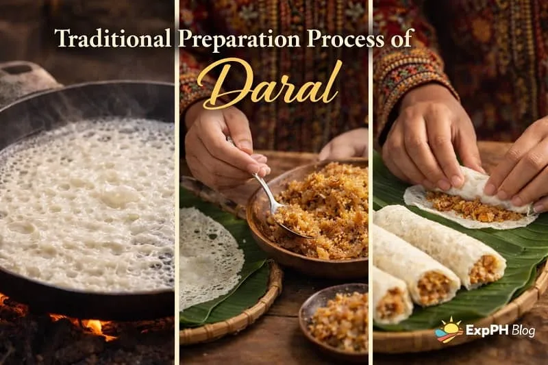 Traditional preparation process of Daral Tausug delicacy showing thin crepe cooking, coconut filling preparation, and careful rolling by hand