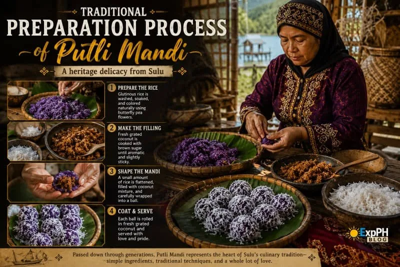 Traditional preparation of Putli Mandi in Sulu, showing the step-by-step process of shaping purple glutinous rice balls with sweet coconut filling and coating them with grated coconut.
