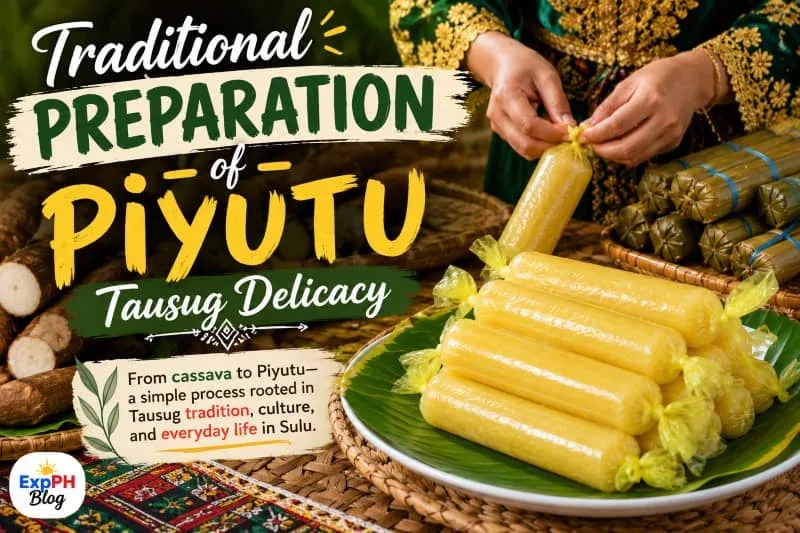 Step-by-step preparation of traditional Piyutu Tausug delicacy showing cassava peeling, boiling, mashing, and the finished cassava dish, highlighting Tausug food traditions in Sulu.