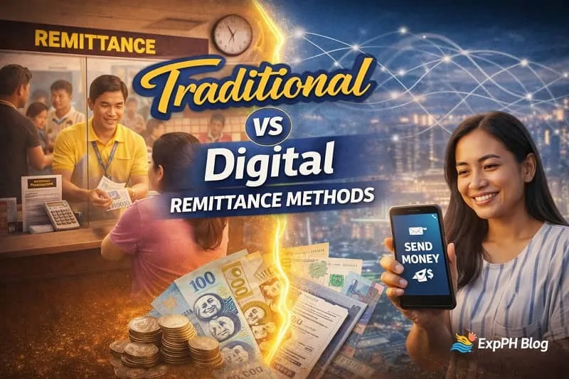 Filipino comparison of traditional remittance office and digital money transfer app showing traditional vs digital remittance methods for OFWs