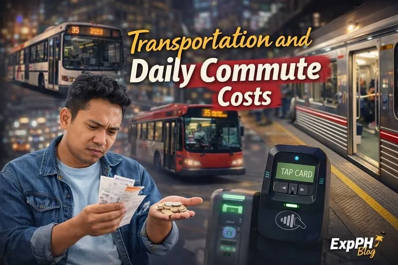 Filipino OFW commuting abroad with taxi, public transport, and receipts, showing transportation and daily commute costs overseas with ExpPH Blog logo
