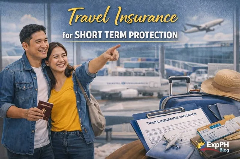 Filipino OFW traveler at the airport with luggage and travel documents representing travel insurance for short term protection with ExpPH Blog logo