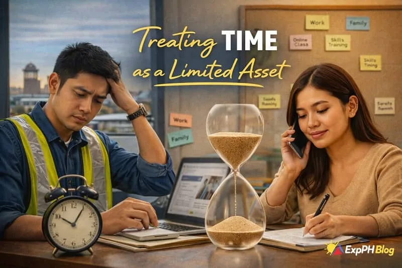 Filipino OFWs managing work and personal tasks with a clock, planner, and laptop, showing time management as a valuable and limited resource