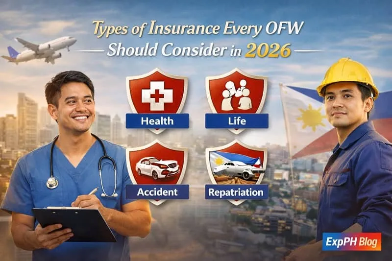 Types of insurance every OFW should consider in 2026 showing Filipino overseas workers with health, life, accident, and repatriation insurance icons and ExpPH Blog logo