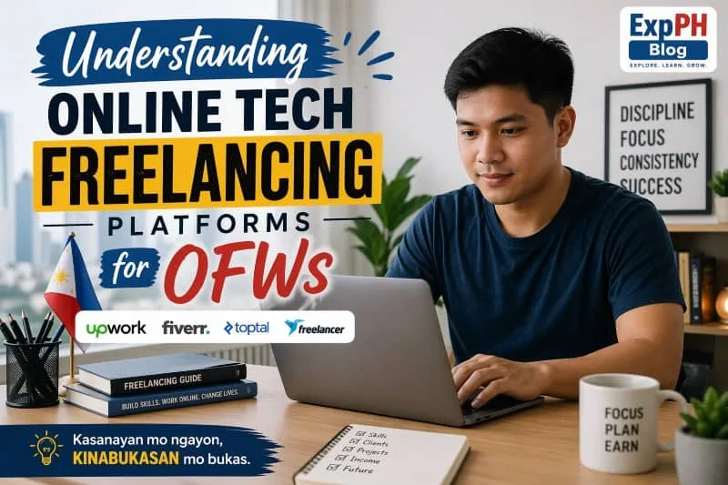 Filipino freelancer working on a laptop at home office with text about online tech freelancing platforms for OFWs and ExpPH Blog logo
