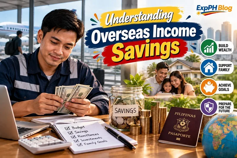 A Filipino overseas worker counting US dollar bills beside a savings jar, budget checklist, and Philippine passport, with his family pictured in the background, illustrating how to manage and save overseas income.