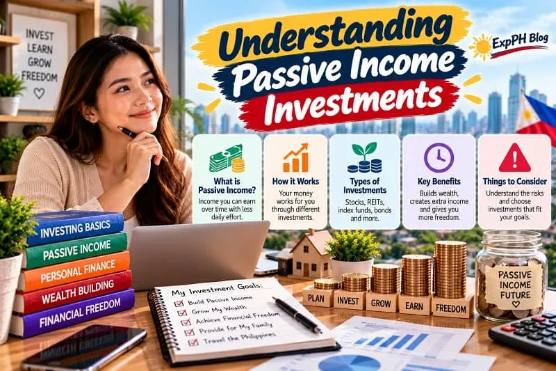A Filipina woman learning about passive income investments in a modern home office, with illustrations of investment types, growing coin stacks, financial planning notes, and the ExpPH Blog logo.