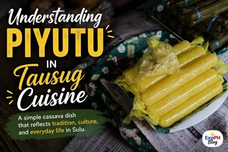 Traditional Piyutu Tausug delicacy made from cassava, displayed on a plate with cultural elements from Sulu, featured in an educational guide about Tausug cuisine and heritage.