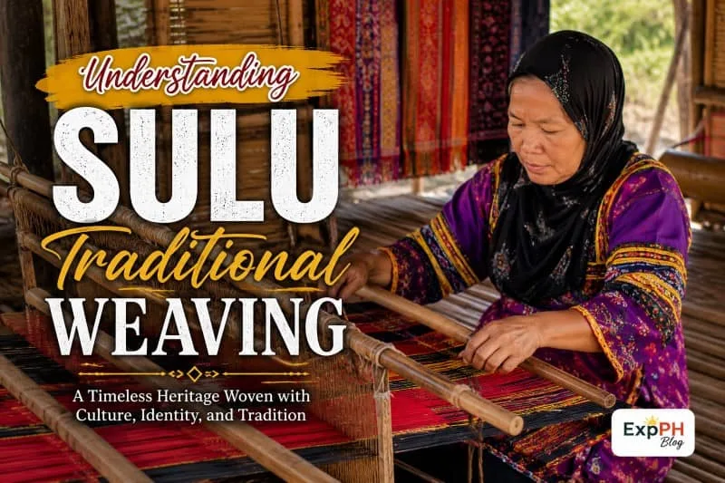Filipino Tausug woman weaving colorful traditional fabric on a wooden loom inside a weaving home in Sulu with text about Sulu Traditional Weaving and the ExpPH Blog logo.