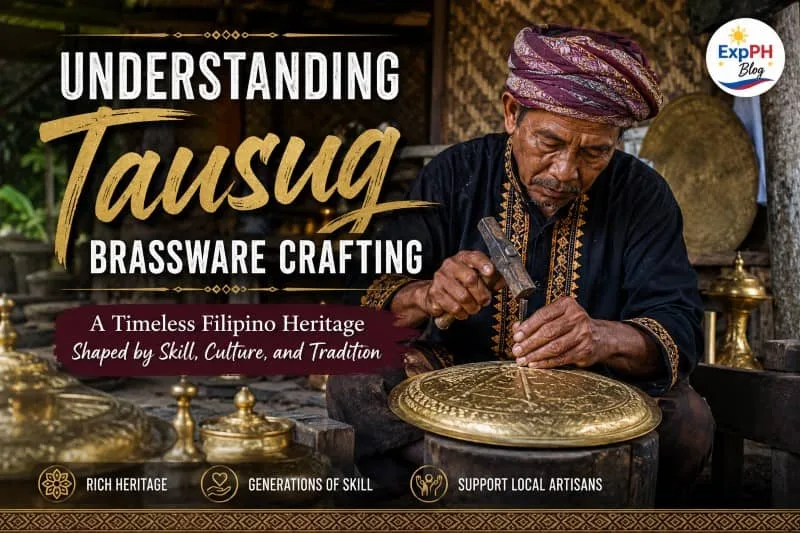 A realistic image of a Tausug artisan in traditional attire carefully engraving brassware inside a traditional workshop in Sulu, Philippines, with the ExpPH Blog logo and typography about Tausug Brassware Crafting.