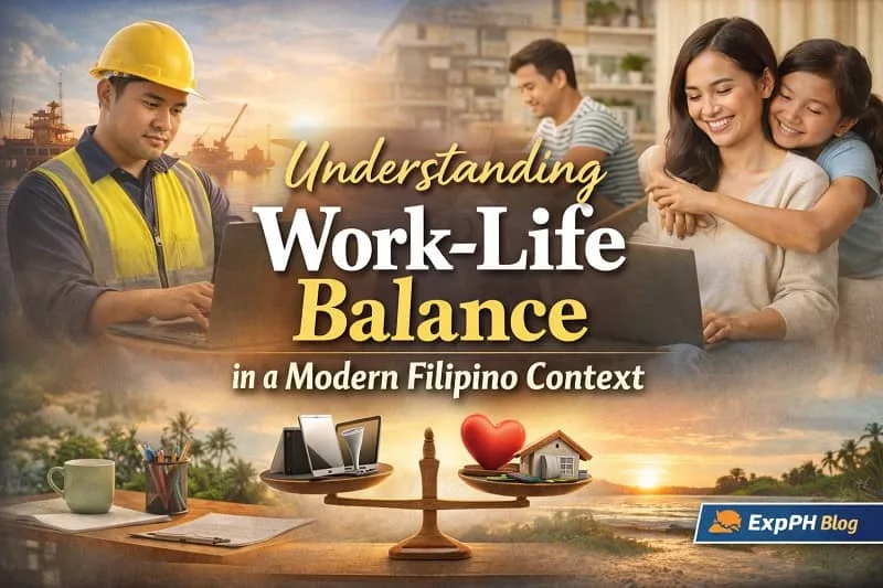 Filipino workers balancing professional responsibilities and family life in a modern Filipino setting, representing work-life balance through realistic daily routines.