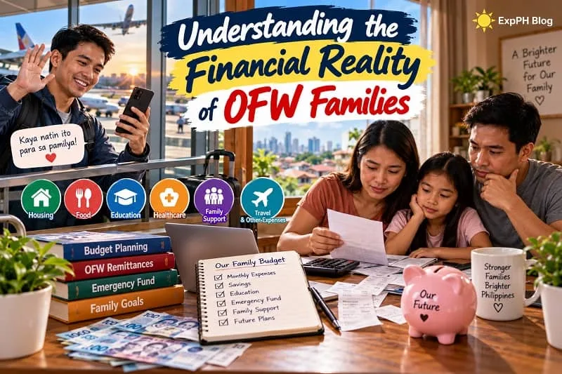 Filipino OFW worker video-calling his family while they review household bills, remittances, savings, and monthly expenses at home.