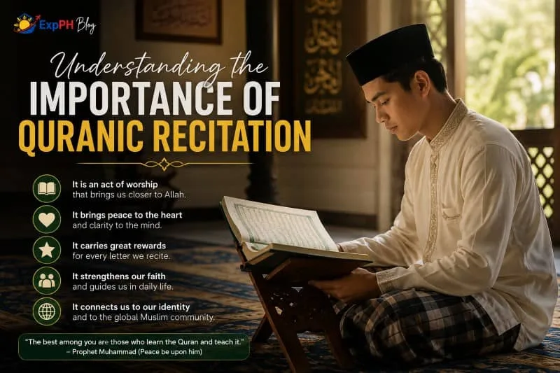 Filipino Muslim man reading the Quran inside a mosque while learning the importance of Quranic recitation with Islamic teachings and spiritual guidance.