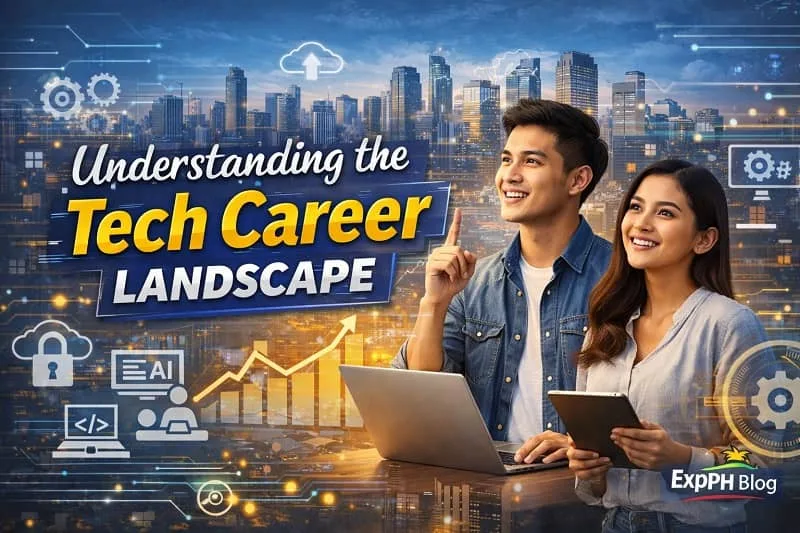 Filipino professionals exploring the tech career landscape with digital icons, modern city background, and ExpPH Blog logo