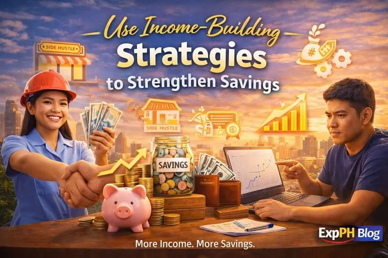 Filipino overseas workers building extra income through side hustles and smart strategies to strengthen savings, featuring budgeting tools and ExpPH Blog logo