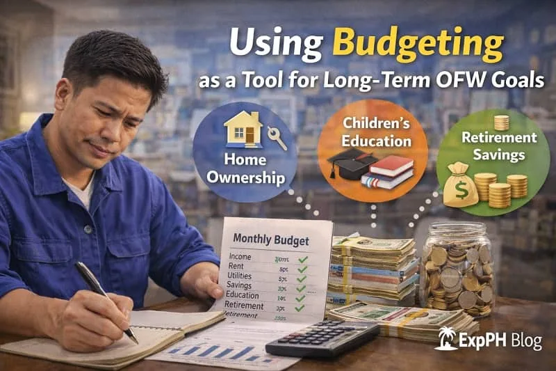 Filipino OFW writing a budget plan to achieve long-term goals such as home ownership, education, and retirement savings.