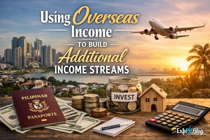 Filipino overseas earner planning additional income streams using overseas income, showing budgeting tools, small business planning, and family support with ExpPH Blog logo