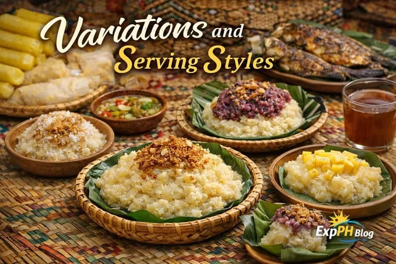 Different serving styles of Piyutu Tausug delicacy displayed on banana leaves and woven trays in a traditional Filipino setting
