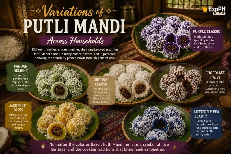 Different household variations of Putli Mandi displayed on banana leaves, featuring traditional purple, white, green, yellow, and blue versions coated with grated coconut and filled with sweet coconut mixture.