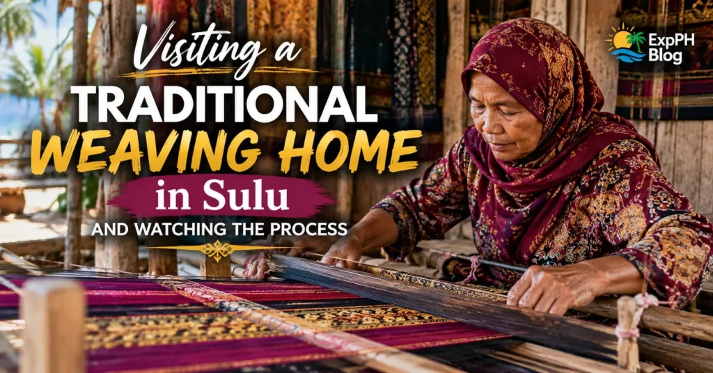 A traditional weaver in Sulu, Philippines, carefully weaving colorful patterned fabric on a wooden loom inside a local weaving home.