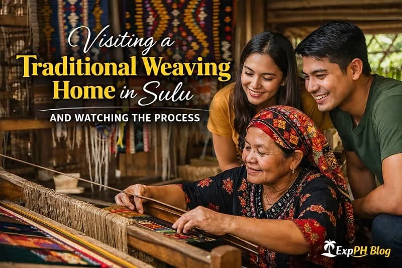 Filipino woman weaving traditional fabric in a Sulu home while visitors watch the weaving process up close