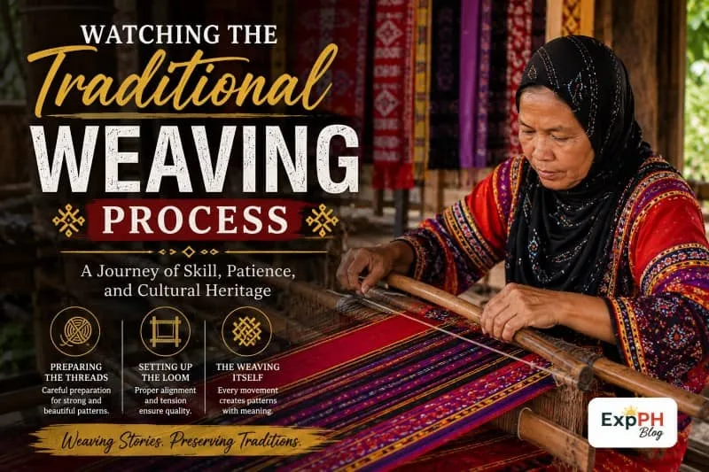 Filipino Tausug woman weaving colorful traditional fabric on a wooden handloom in Sulu with educational text about the traditional weaving process and the ExpPH Blog logo.