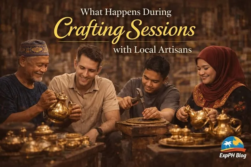 Tausug artisans guiding participants during a hands-on brassware crafting session in Sulu, showing Filipino culture, traditional tools, and community learning.