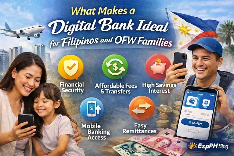 Filipino OFW family using mobile digital banking apps showing security, savings, and remittance features with Philippine background and ExpPH Blog logo