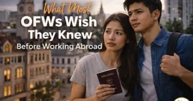 Filipino couple holding a passport while standing in a foreign city, preparing to work abroad