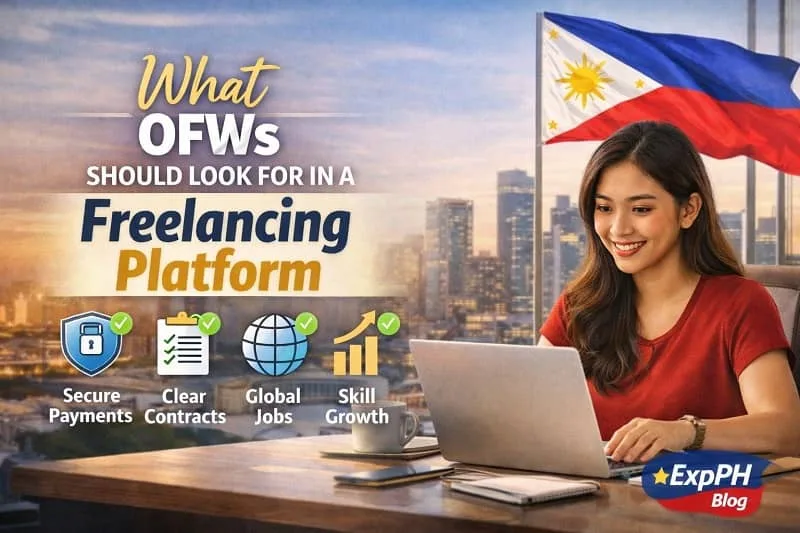 Filipino OFW working on a laptop with icons showing secure payments, clear contracts, global jobs, and skill growth, with ExpPH Blog logo