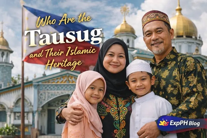 Tausug Filipino family in traditional Islamic attire standing in front of a mosque in Sulu, representing Islamic faith, culture, and heritage in the Philippines