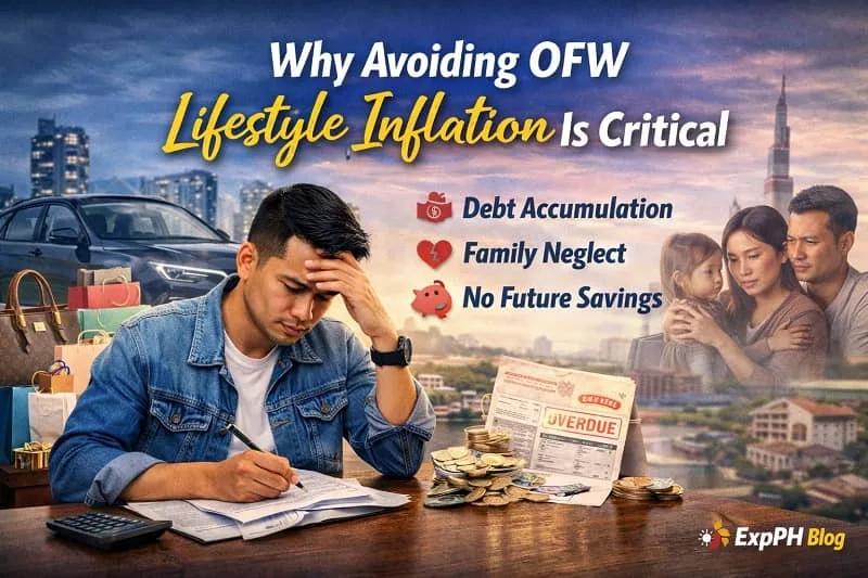Filipino OFW reviewing finances overseas showing why avoiding OFW lifestyle inflation is critical for savings and family security