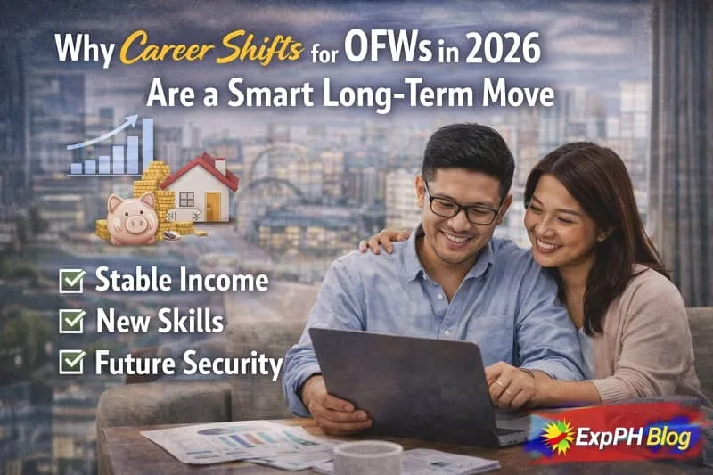 Filipino OFW planning a future career using a laptop and notes, symbolizing smart long-term career shifts for OFWs in 2026, with ExpPH Blog logo.