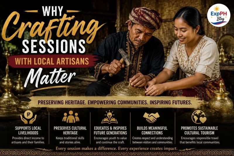 A realistic image of a Tausug artisan teaching a young Filipino participant traditional brassware crafting inside a cultural workshop in Sulu, with the ExpPH Blog logo and educational typography about local artisan crafting sessions.