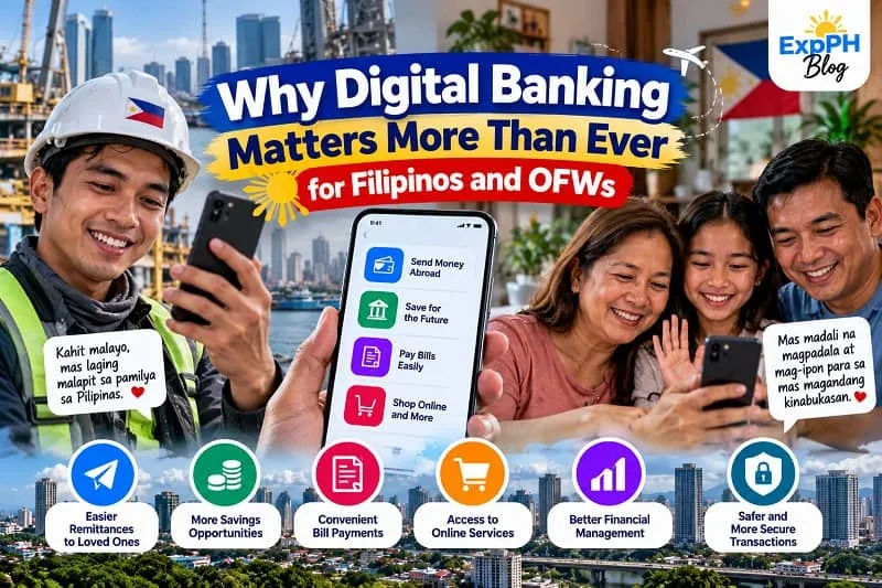 Filipino overseas worker video-calling his family in the Philippines, with a smartphone showing digital banking features for remittances, savings, bill payments and online shopping.