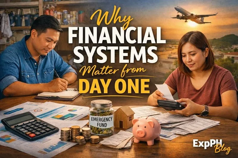 Filipino small business owners reviewing finances with calculator, receipts, and emergency fund savings while highlighting the importance of financial systems from day one