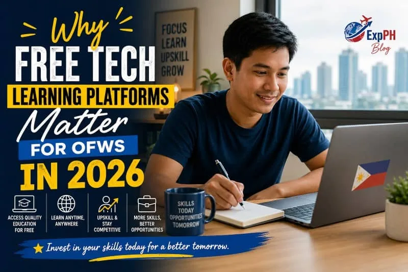 Filipino OFW studying online using a laptop at home with text about free tech learning platforms in 2026 and ExpPH Blog logo