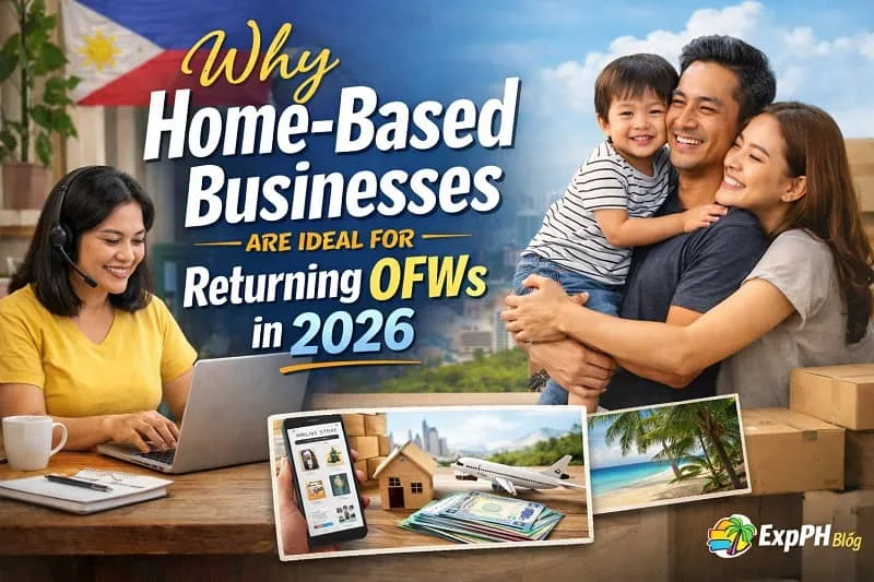 Filipino OFW working from home on a laptop while smiling with family, featuring home business elements and Philippine setting with ExpPH Blog logo