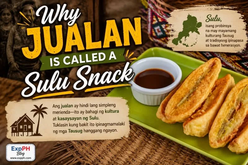 A plate of freshly cooked Jualan, a traditional Sulu snack, served with a dipping sauce on a green platter. The image is decorated with Tausug cultural patterns and includes the ExpPH Blog logo.