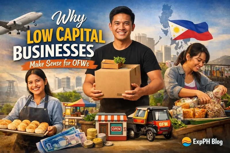 Filipino OFWs starting low capital businesses, including a baker selling pandesal, a small vendor, and an online seller holding packages, with Philippine elements and city background.