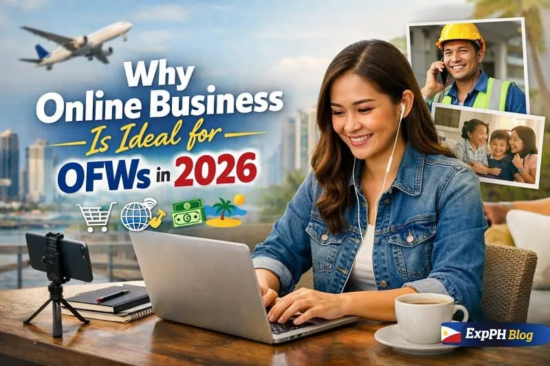 Filipino woman working on a laptop with online business tools, airplane and family images in the background, representing OFWs building income online in 2026