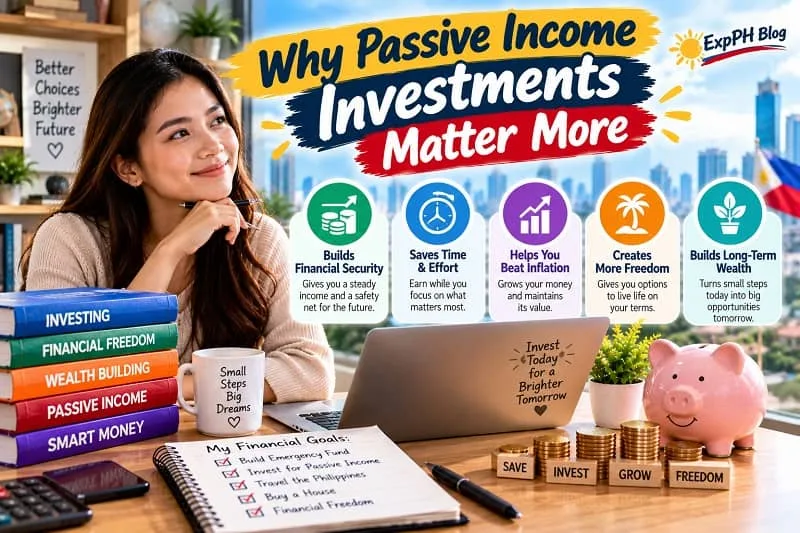 A Filipina woman planning her financial future with passive income investments, growing coin stacks, a savings jar, and visual reminders of financial security, long-term wealth growth, extra income, and financial freedom, featuring the ExpPH Blog logo.