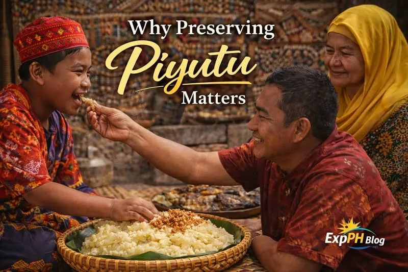 Three generations of a Tausug family sharing Piyutu mashed cassava, showing the importance of preserving food traditions in Sulu