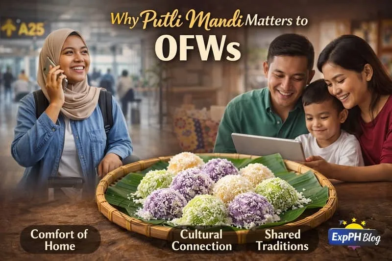 Putli Mandi Sulu Delicacy representing comfort of home and cultural connection for OFWs, shown with Filipino family scenes and ExpPH Blog logo