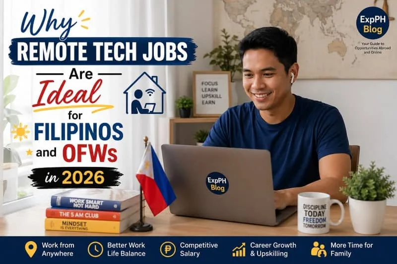 A Filipino professional working remotely on a laptop in a modern home office, highlighting remote tech job benefits for Filipinos and OFWs in 2026 with ExpPH Blog branding.