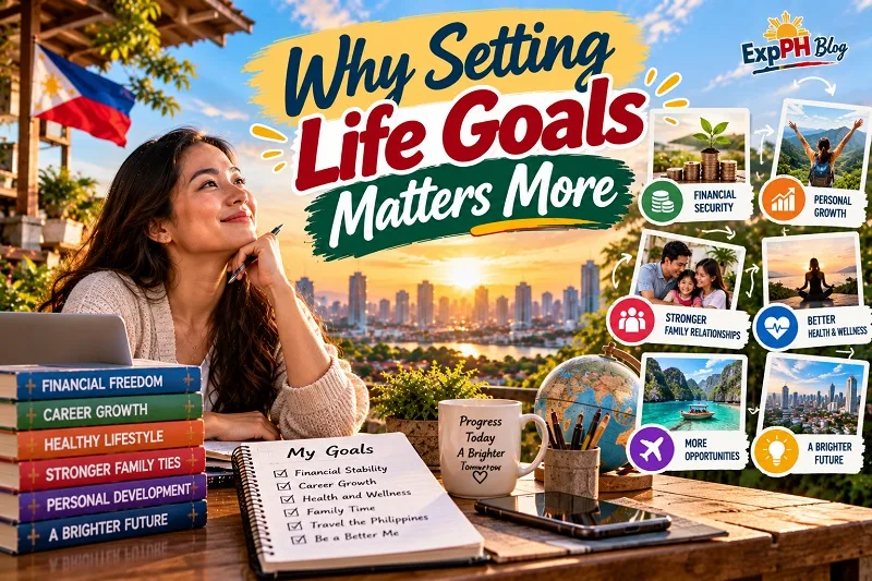 Realistic Filipino woman reflecting on her future while reviewing life goals, with visuals representing financial security, career growth, family relationships, health, and personal development.